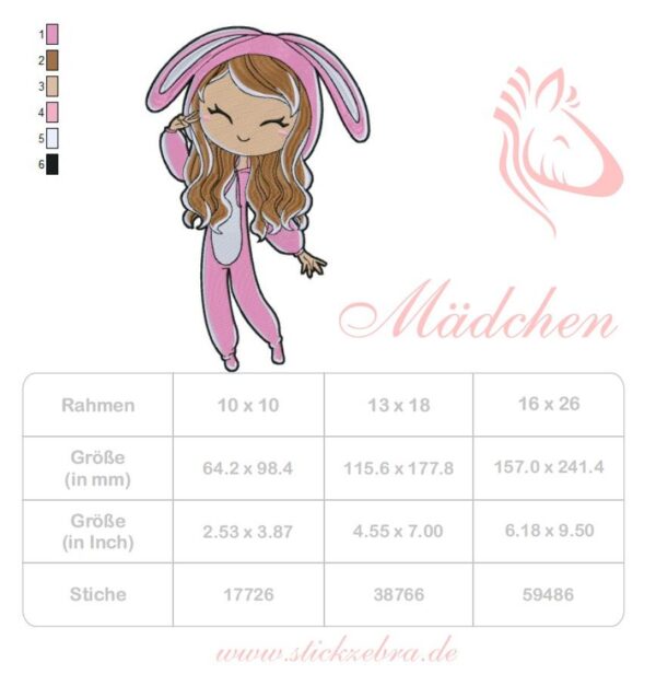 Mädchen im Häschen Schlafanzug Stickdatei - StickZebra