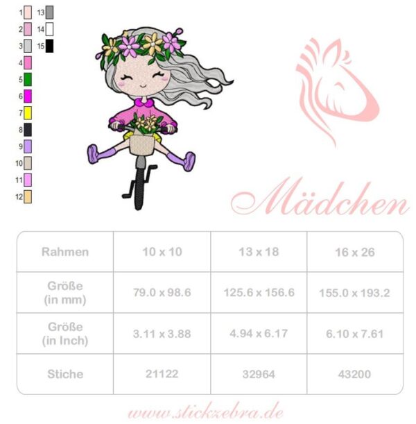 Doodle Mädchen Fahrrad Stickdatei - StickZebra