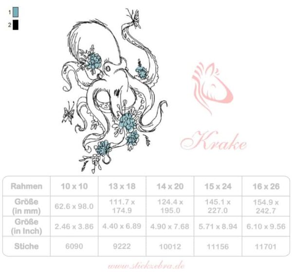 Krake mit Blumen Doodle Stickdatei [Digital] – Bild 3
