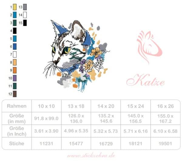 Katzenkopf mit Blumen Stickdatei: Niedliche Katzenmuster für Stickmaschinen [Digital] – Bild 4