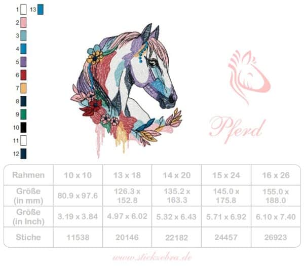 Pferd mit Blumenkranz Stickdatei: Elegante Stickvorlage für Pferdeliebhaber und Bastelprojekte [Digital] – Bild 4