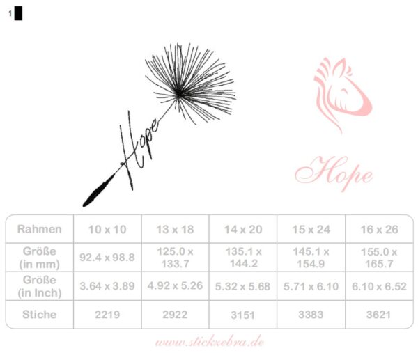 Pusteblume mit dem Schriftzug "Hope" Stickdatei: Inspirierendes Design für kreative Stickprojekte und positive Botschaften [Digital] – Bild 3