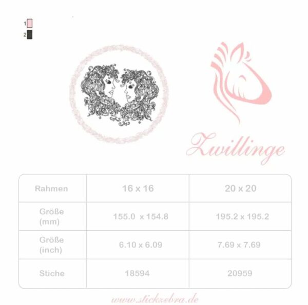 Elegantes Sternzeichen Zwillinge im Doodle Stil Stickdatei [Digital] – Bild 3