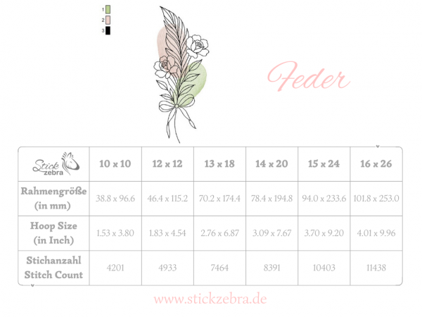Feder Stickdatei, elegante Doodle Feder mit Rosen für deine Stickmaschine [Digital] – Bild 5