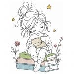 Mädchen Stickdatei mit Katze auf Büchern Doodle Motiv [Digital]