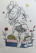 Mädchen Stickdatei mit Katze auf Büchern Doodle Motiv [Digital] – Bild 3